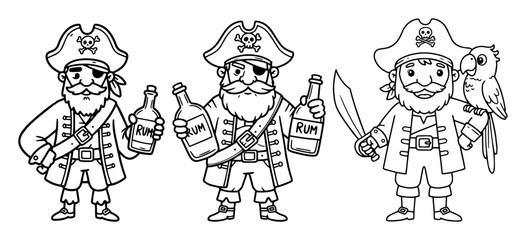 Naklejka premium pirates with swords bottles and parrot outline vector drawing