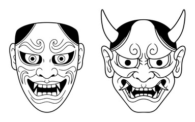 japanese theater masks with angry expressions vector outline