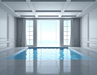 Fototapeta premium Indoor Pool Design Luxury Ocean View, White Walls, Tranquil Space