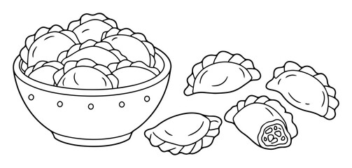 bowl of dumplings pierogi vector outline illustration