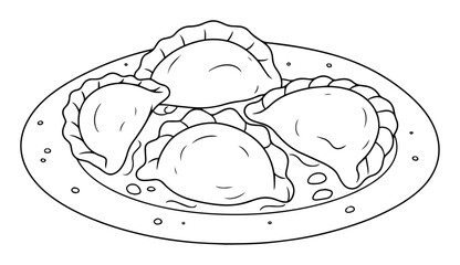 plate with traditional pierogi vector outline drawing