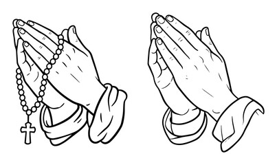 praying hands outline vector illustration – christian symbol with and without rosary
