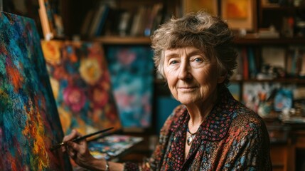 Senior female artist in an art studio creating abstract paintings surrounded by colorful artwork and tools, showcasing creativity and passion for painting