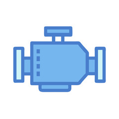 Stylized blue engine icon on a black background