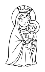 virgin mary with baby jesus outline vector illustration – crowned religious icon