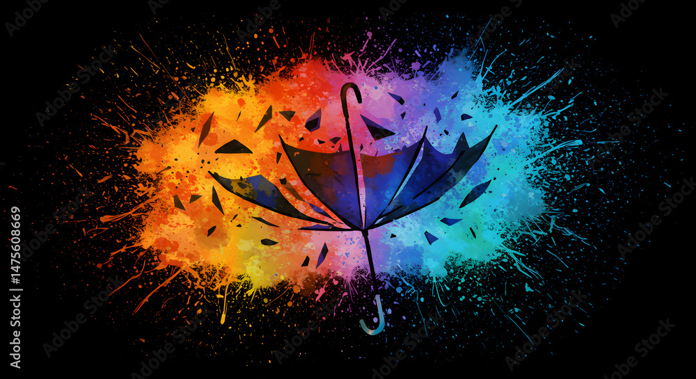 Poster colorful umbrella exploding on black background with paint splatters