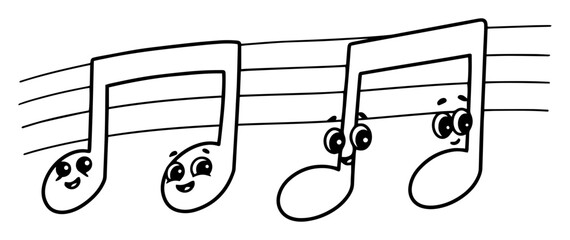 Fototapeta premium musical notes with faces outline vector illustration – happy music icon in black and white