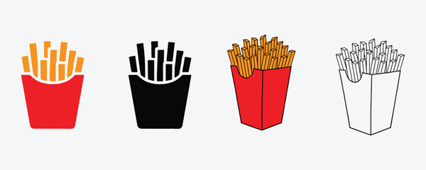 Set of French Fries Fast Food Illustration in Line and Colors, Vector Style on White Background