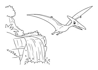 pterodactyl flying over waterfall outline vector illustration – prehistoric scene in black and white