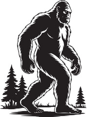 Fototapeta premium Bigfoot Walking Through Forest SilhouetteLegend of the Sasquatch Vector SceneMysterious Bigfoot Shadow in TreesCryptid in the Wilderness Silhouette ArtBigfoot Sighting Silhouette Design
