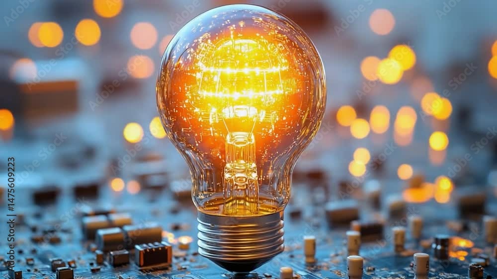 Poster Idea Generation: An illuminating light bulb glows brightly, symbolizing innovation and invention, rests upon an intricate circuit board with glowing, spherical bokeh in the background.