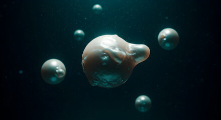 Abstract Organic Shapes Floating In A Dark Space With Bubbles Around