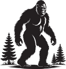 Fototapeta premium Bigfoot Walking Through Forest SilhouetteLegend of the Sasquatch Vector SceneMysterious Bigfoot Shadow in TreesCryptid in the Wilderness Silhouette ArtBigfoot Sighting Silhouette Design