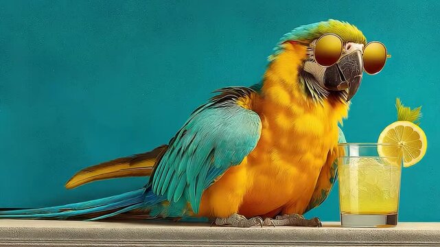 Colorful parrot and summer drink