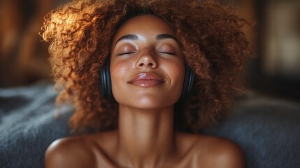 Serene young woman with curly hair enjoying music while wearing headphones, immersed in relaxation and positive emotions in cozy indoor setting