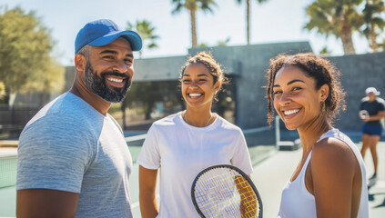 Happy, people and tennis with fist bump for teamwork, success or friendly match on outdoor court. Group, friends or sports players with smile, padel or huddle for mission, game challenge or meeting