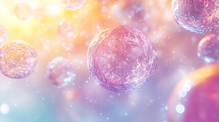 A bright, vibrant cell depicted against a blurred biological DNA background, rendered in 3D. The cell glows with vibrant energy, set in a light tone environment, emphasizing the complexity and beauty 