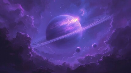 Obraz premium Vibrant Cosmic Scene with Purple Planet, Rings and Celestial Bodies Amidst Dramatic Clouds and Stars in a Mystical Outer Space Environment
