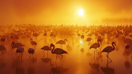 Large Group of Flamingos Resting in Shallow Lake at Sunrise