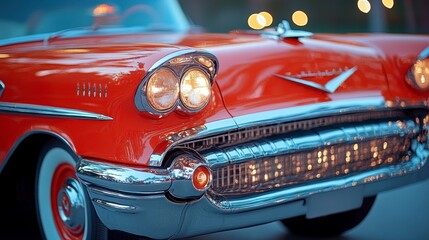 Close-up captures a vintage red automobile with gleaming chrome details
