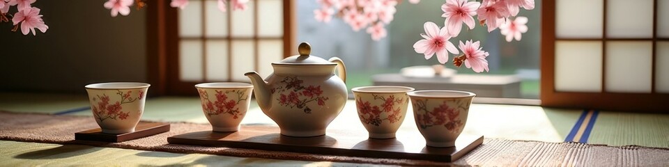Elegant japanese tea set with cherry blossoms in traditional room