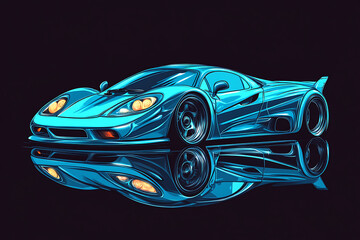 Naklejka premium Vibrant blue sports car parked on a reflective surface with a dark background