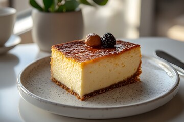 Classic baked cheesecake with golden crust high resolution picture