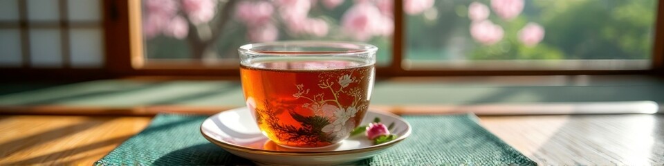 Fototapeta premium Japanese tea in glass cup on sunny wooden table with blossom view