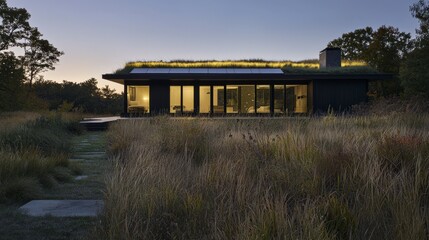 Eco-Friendly Home with Green Roof and Solar Panels at Sunset
