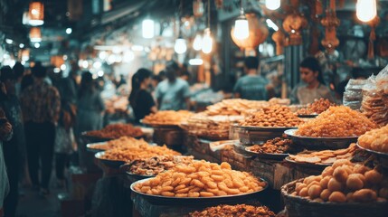 Bustling Night Market with Colorful Displays of Sweets and Snacks Surrounded by Shoppers in a Vibrant and Lively Atmosphere