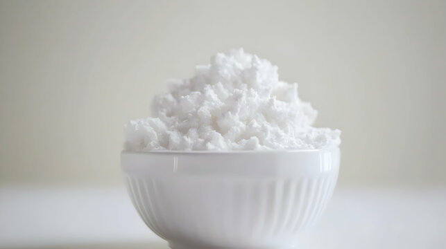 White bowl of cornstarch on white background; cooking ingredient; food recipe