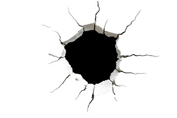 Hole in the Wall with Cracked Surrounding Texture. Deep hole in a white wall with cracks around it