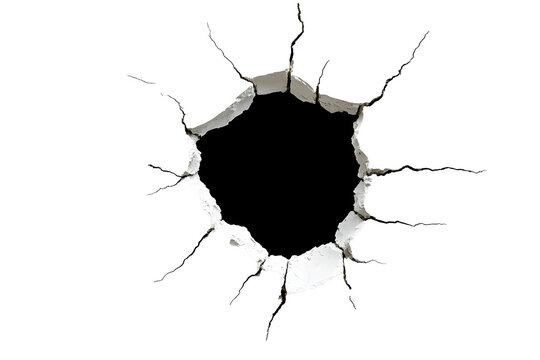 Hole in the Wall with Cracked Surrounding Texture. Deep hole in a white wall with cracks around it