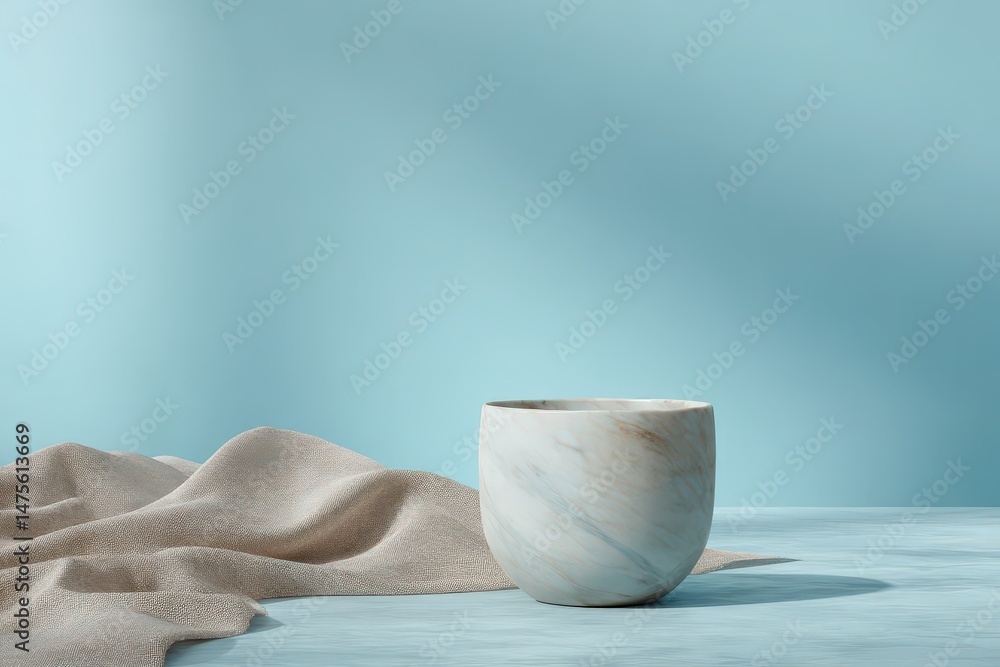 Poster light-blue backdrop with a light-tan draped fabric and a light-grey bowl.