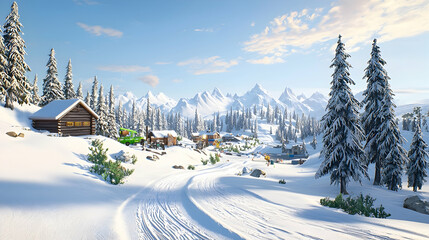 Fototapeta premium Snowy mountain village winter scene, road leading to cabins, sunny day, perfect for travel brochures