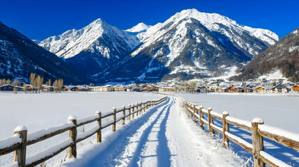 Snowy path leads to alpine village, winter wonderland backdrop, perfect for travel brochures