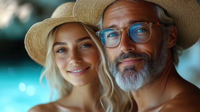 Happy couple enjoying summer vacation by the water, wearing stylish hats and expressing love and joy in a sunny outdoor setting with a picturesque background