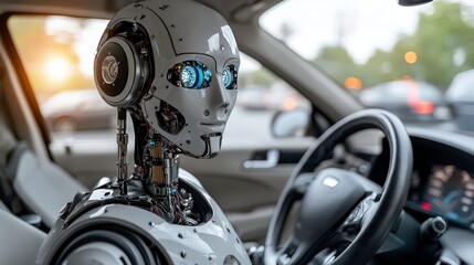Fototapeta premium Futuristic humanoid robot with blue eyes sitting in the driver's seat of a modern car, showcasing advanced technology and artificial intelligence in urban environment
