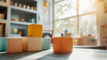 Colorful wooden blocks on a table in a bright room with natural light streaming through large windows, creating a cheerful and inviting atmosphere for playtime