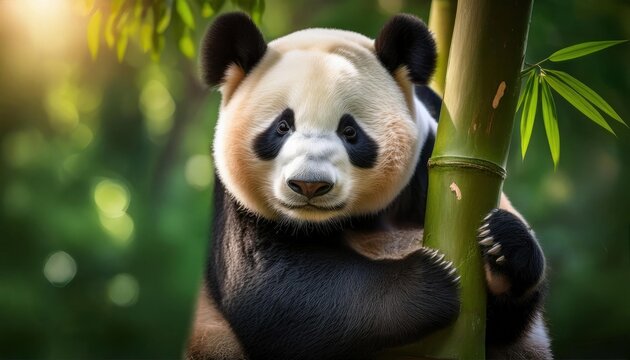 A giant panda hugs bamboo in lush green forest under soft sunlight, evoking themes of conservation, tranquility, and harmony with nature in Chinese habitat