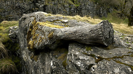 Fototapeta premium Mossy petrified wood rests on rocks near a quarry; nature background; geological texture