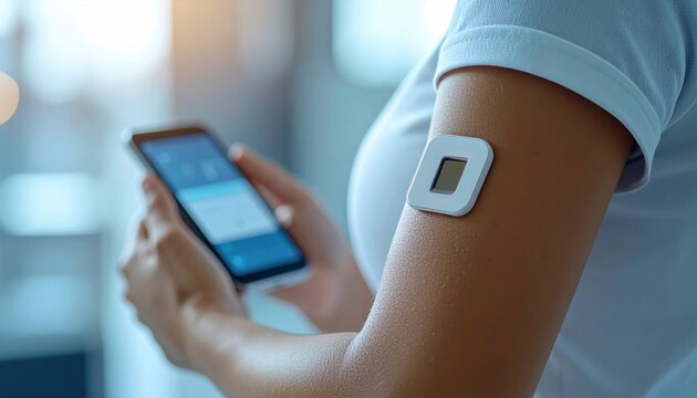 A woman uses a smartphone while wearing a digital health patch on her arm, representing wearable tech, health monitoring, and the future of personal medical data interaction