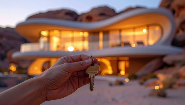 A hand holds a key in front of a futuristic desert home with flowing architecture, suggesting achievement, new beginnings, and futuristic real estate aspirations - Powered by Adobe