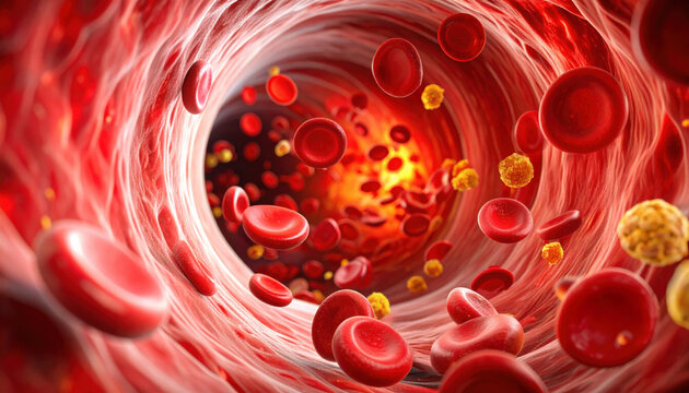 Scientific illustration of healthy blood vessel showing red blood cells, vascular conditions with atherosclerosis and immune cells, depicting medical and biological research on circulation