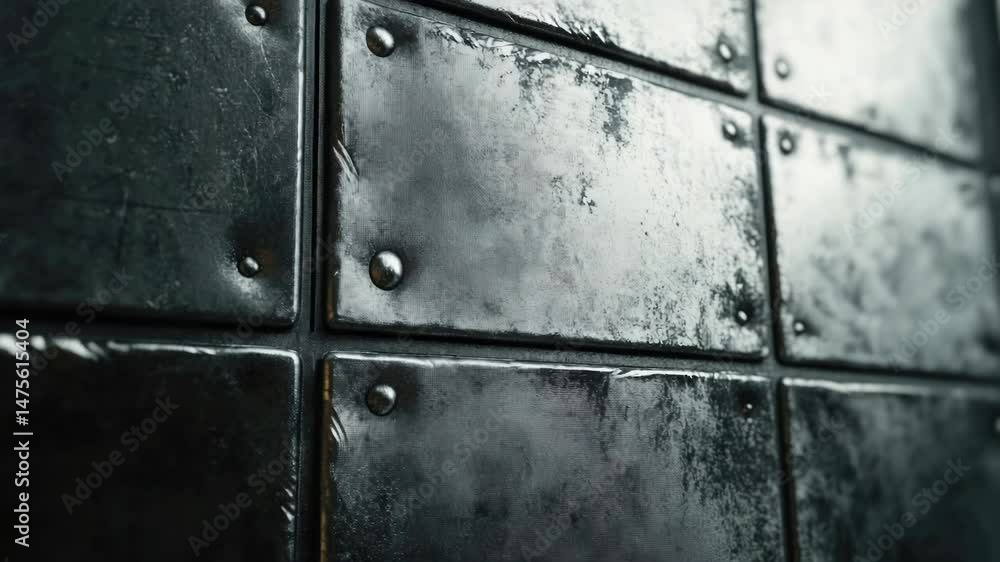 Poster close-up shot of a metal wall with prominent rivets, suitable for use in industrial or technical con