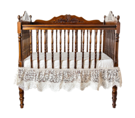 Antique wooden crib with lace.  Intricate carvings, vintage style,  baby bed,  elegant design,  solid wood,  crib bedding,  white lace,  floral accents,  ornate details,  safe sleep, baby nursery