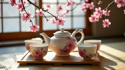 Fototapeta premium Cherry blossom tea set in sunlit room with soft pink flowers