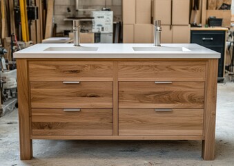 Wooden vanity unit with quartz countertop and chrome fixtures.