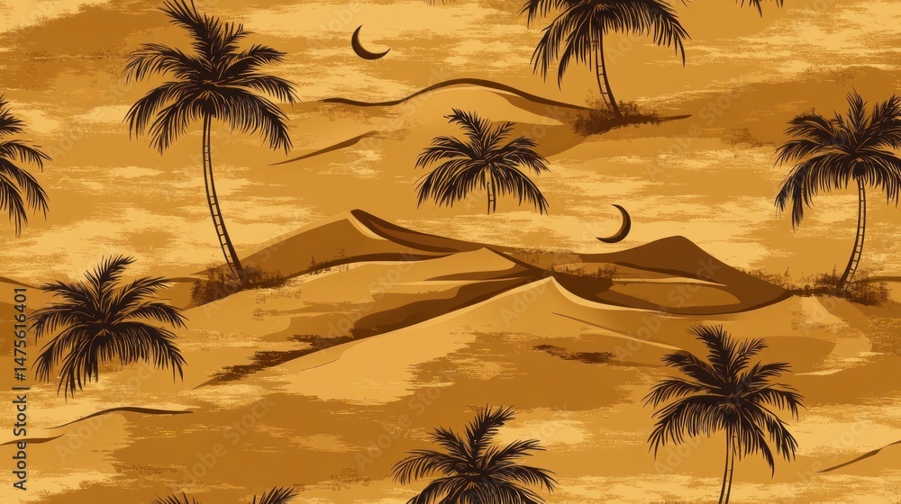 Poster desert landscape pattern with palm trees and dunes