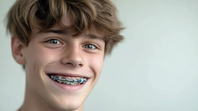 A young adult with metal brackets on his teeth, possibly in the process of orthodontic treatment